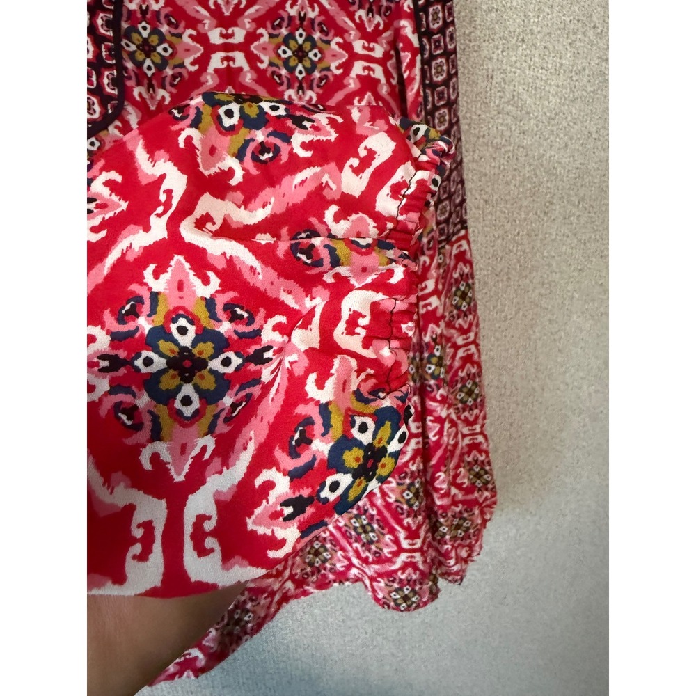 LOFT Red Pink Geometric Medallion Split Neck Blouse Long Sleeve Small - Picture 2 of 6
